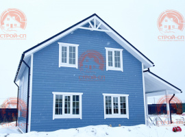 Сосново. Фото двухэтажного каркасного дома в скандинавском стиле 9 на 9 с террасой, четыре спальни, кухня-гостиная.